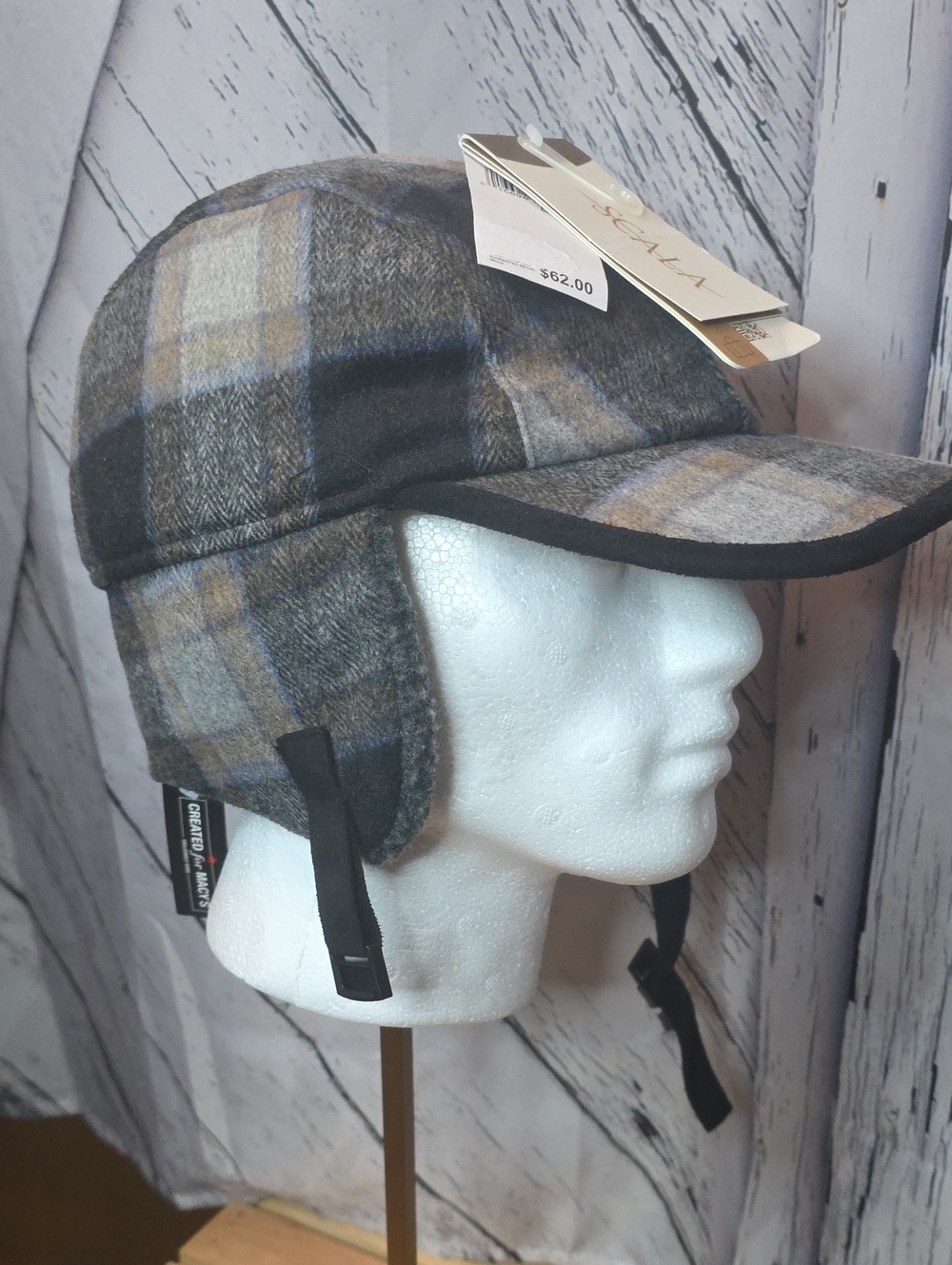 Scala Plaid Trapper Hat in Gray & Brown & Blue Large NWT Winter Baseball Cap